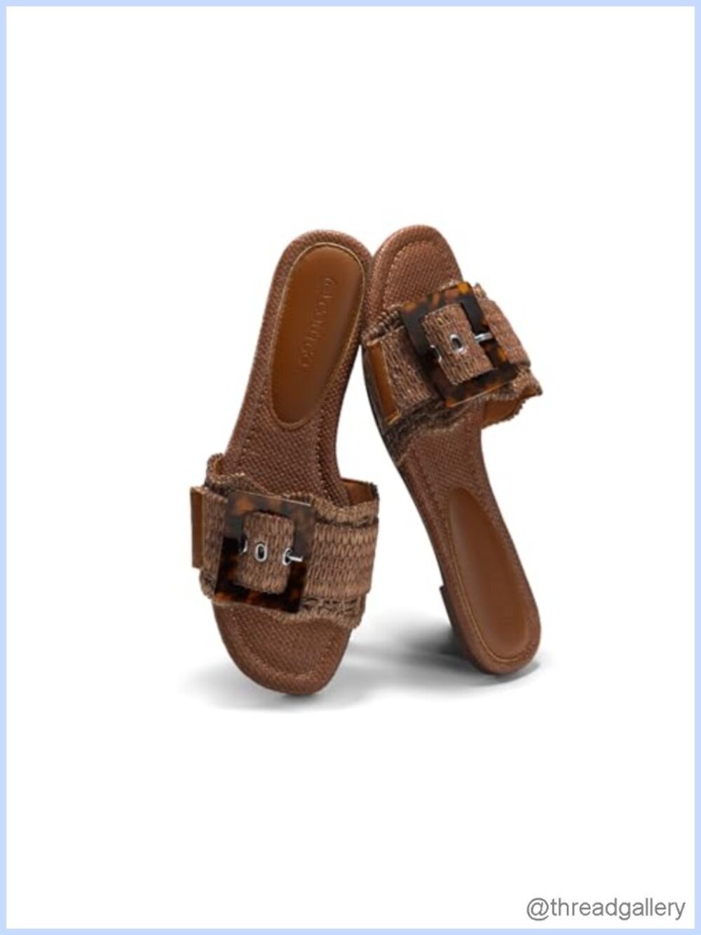 Raffia Slide Sandals Square Open Toe Adjustable Buckle Slip On Flats